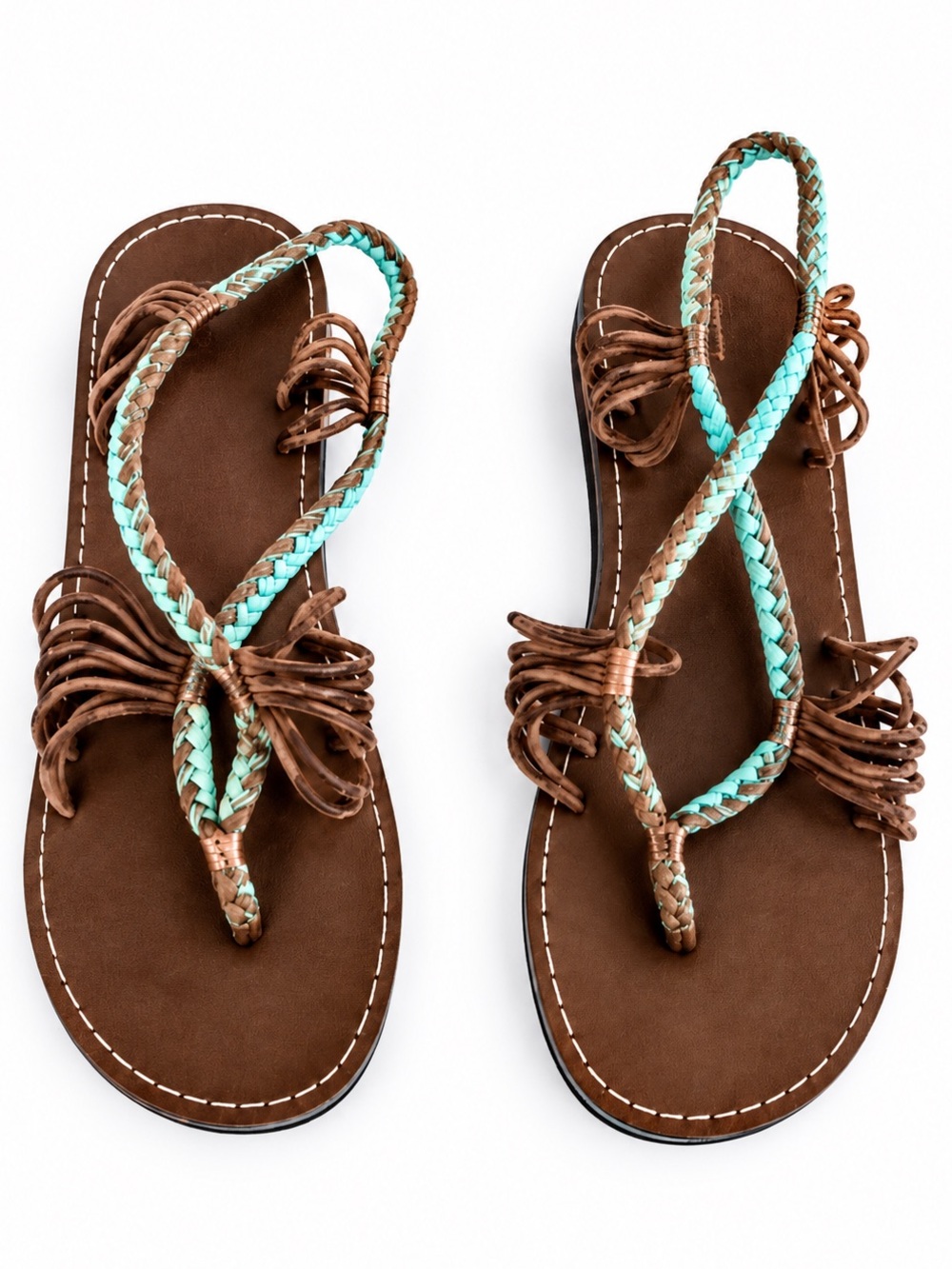 Plaka Seashell Sandals Brown Turquoise Braided Boho Size 8